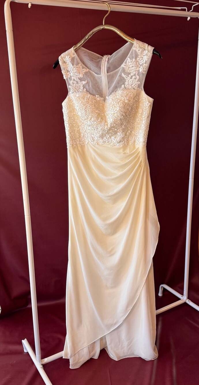 DB Studio Sleeveless Lace Applique Illusion Mesh Sheath Wedding Dress